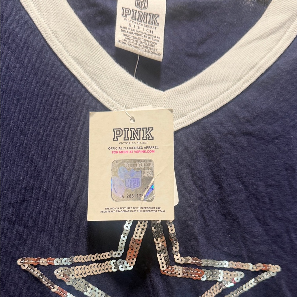 PINK Victoria's Secret Navy V‑Neck Cowboys Sequin Tee - Picture 4 of 6